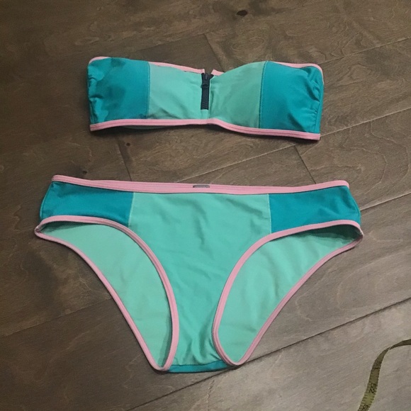 aerie Other - Aerie Zip Up Bandeau Bikini Large EUC Teal Pink
